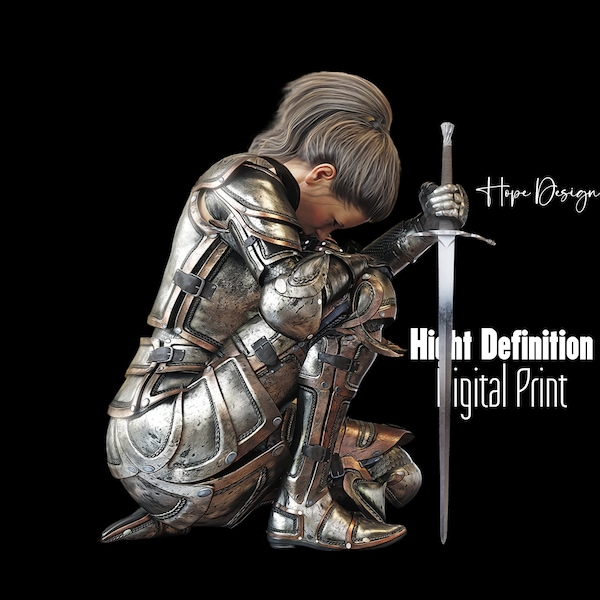 Female Personalised Quotation Armor Of God Praying Kneeling Knight Over Bible , Put On Full Armor, Ephesians 6-10 - Digital Download -Lite