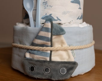 hochwertige Windeltorte - Babygeschenk - blau - Geschenk zur Geburt - Segelboot - von Herzen - Babyparty - Junge