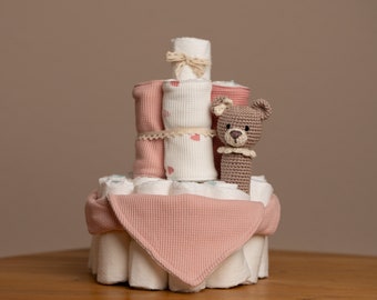 Diaper cake in delicate pink: girl, baby girl, baby shower, baby shower, baby gift, birth, baptism, pampers, cake, godmother, simple