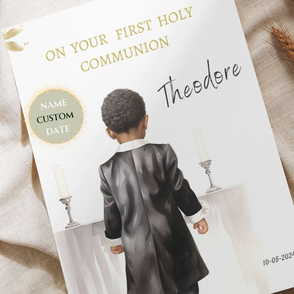 Personalized First Holy Communion Card for Grandson Greenery Communion Greeting Card Digital Printable Boy 1st Communion Card for Kid Gift