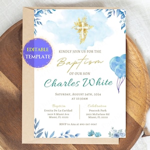 Invitation de baptême moderne garçon modèle numérique baptême inviter aquarelle bleu or Evite bébé petit-fils catholique carte Invitation verdure