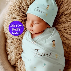 Religious Blanket Baby Boy Catholic Swaddle Blanket New Baby Gift Custom Name Newborn Baptism Christian Blanket Kid Gift from Grandparents