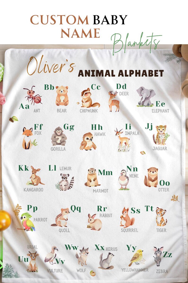 Woodland Animal Alphabet Blanket Baby Boy Gift Personalized Forest