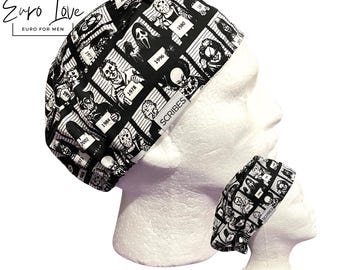May include: A black and white scrub cap featuring a repeating pattern of horror movie characters in mugshot style with associated years. The fabric includes a small white tag with the text SCRIBES. The design is displayed on two white mannequin heads.