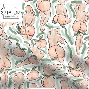 May include: White fabric with a repeating pattern of peach-colored figures and peaches, accented with green brushstrokes. The text "Euro Love" is in a black box in the upper left corner.