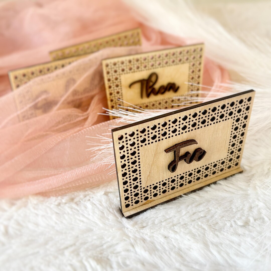 Handcrafted Wooden Place Cards Double Layer Stand Cane Pattern Name Tag ...