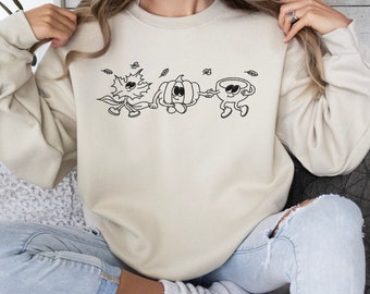 Moletom bordado de personagem retrô Fall Vibes, moletom de café, moletom bordado de outono, moletom de abóbora bordado