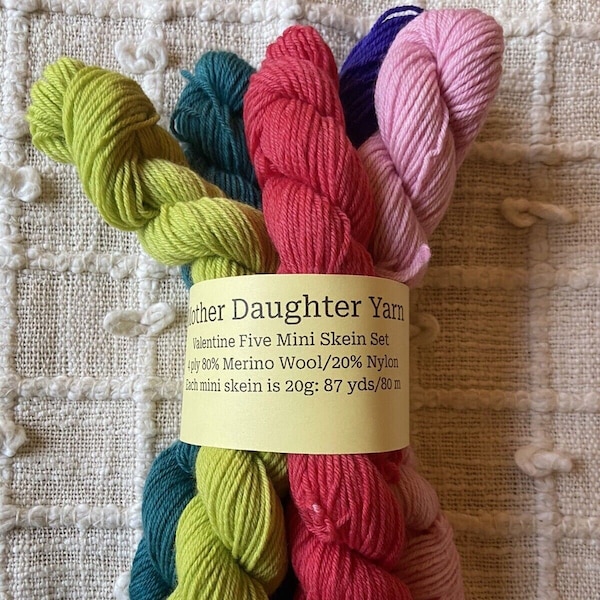 Hand-dyed yarn:  Five 20g Mini Skeins-- Set for Valentine's Day