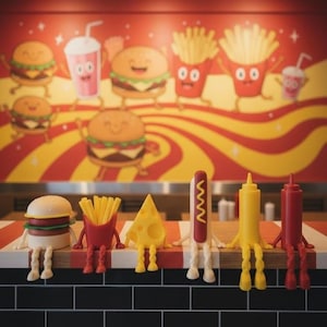 Pode incluir: Uma exibição lúdica de figuras com tema de comida. Um hambúrguer, batatas fritas, queijo, cachorro-quente, mostarda e ketchup são dispostos em uma prateleira. O fundo apresenta hambúrgueres, batatas fritas e bebidas de desenho animado.