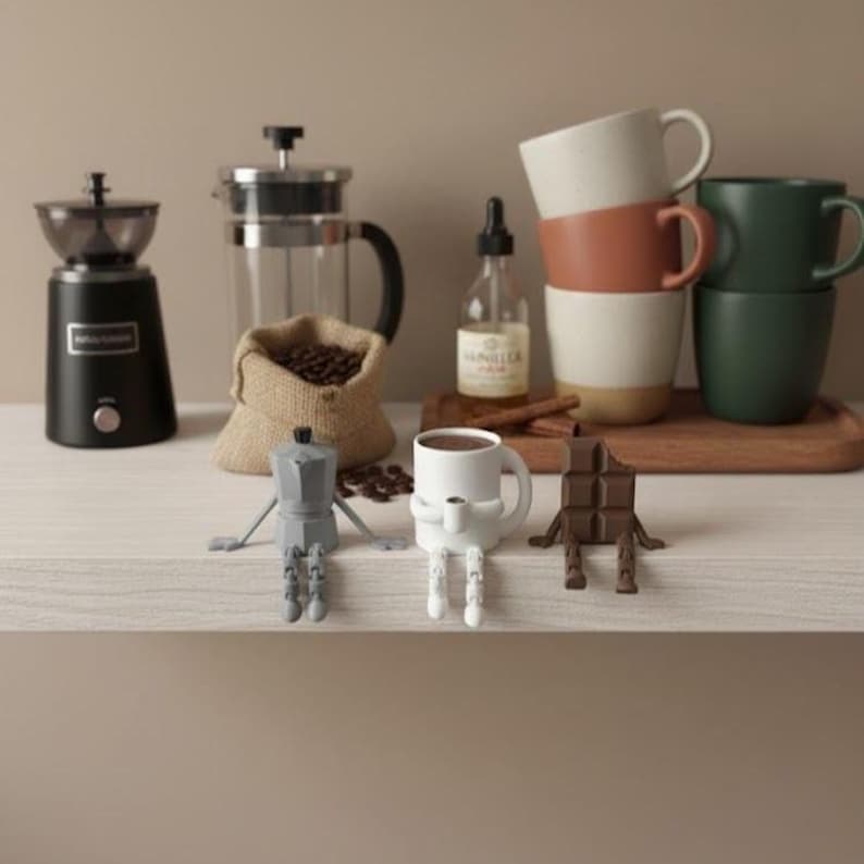 May include: A still life arrangement featuring coffee-related items. Includes a black coffee grinder, a French press, a burlap sack of coffee beans, and a bottle of vanilla extract. There are also several stacked mugs and whimsical coffee-themed figurines.