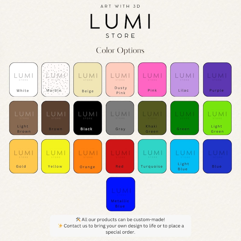 May include: A graphic showcasing color options for Lumi Store products. The options include white, marble, beige, dusty pink, pink, lilac, purple, light brown, brown, black, gray, khaki green, green, light green, gold, yellow, orange, red, turquoise, light blue, and blue.