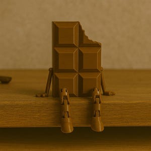 May include: A brown chocolate bar figurine with a bite taken out of it. The figurine has small legs and arms, giving it a whimsical appearance. The chocolate bar is sitting on a wooden surface.