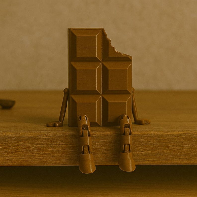 May include: A brown chocolate bar figurine with a bite taken out of it. The figurine has small legs and arms, giving it a whimsical appearance. The chocolate bar is sitting on a wooden surface.