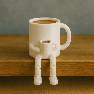 May include: A whimsical white ceramic mug with a coffee-filled interior, featuring a smaller mug held in its arms and legs dangling below. The mug is sitting on a wooden surface, with a neutral background.