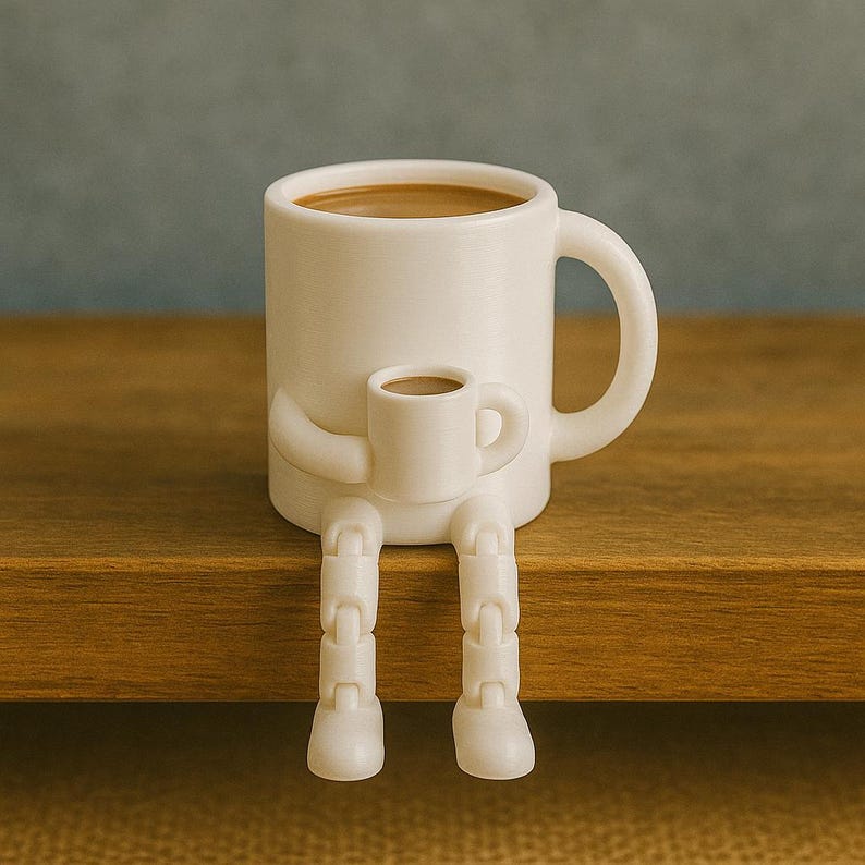 May include: A whimsical white ceramic mug with a coffee-filled interior, featuring a smaller mug held in its arms and legs dangling below. The mug is sitting on a wooden surface, with a neutral background.
