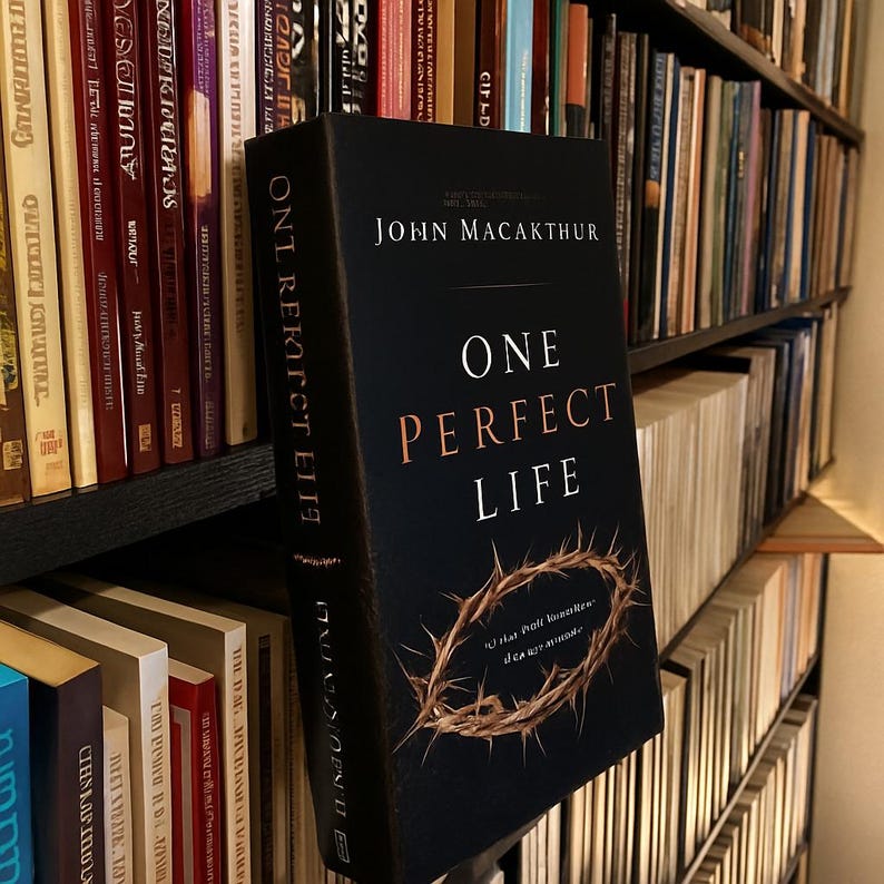 May include: A hardcover book titled "One Perfect Life" by John MacArthur. The book has a black cover with gold lettering and a brown thorn crown illustration. The book is displayed in front of a bookshelf filled with other books.