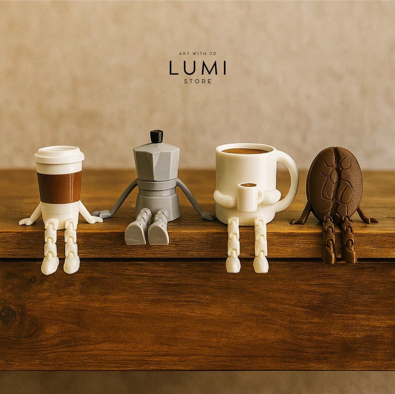 May include: Four whimsical coffee-themed figurines with arms and legs, including a to-go cup, a stovetop espresso maker, a coffee mug with a small cup, and a coffee bean. The Lumi Store logo is visible.