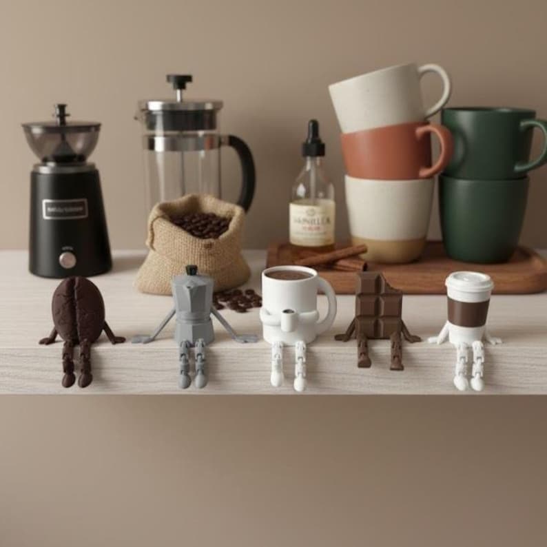 May include: A collection of coffee-themed decorative figurines, including a coffee bean, a stovetop espresso maker, a coffee cup, a chocolate bar, and a to-go coffee cup. The background includes coffee mugs, a coffee grinder, and a French press.