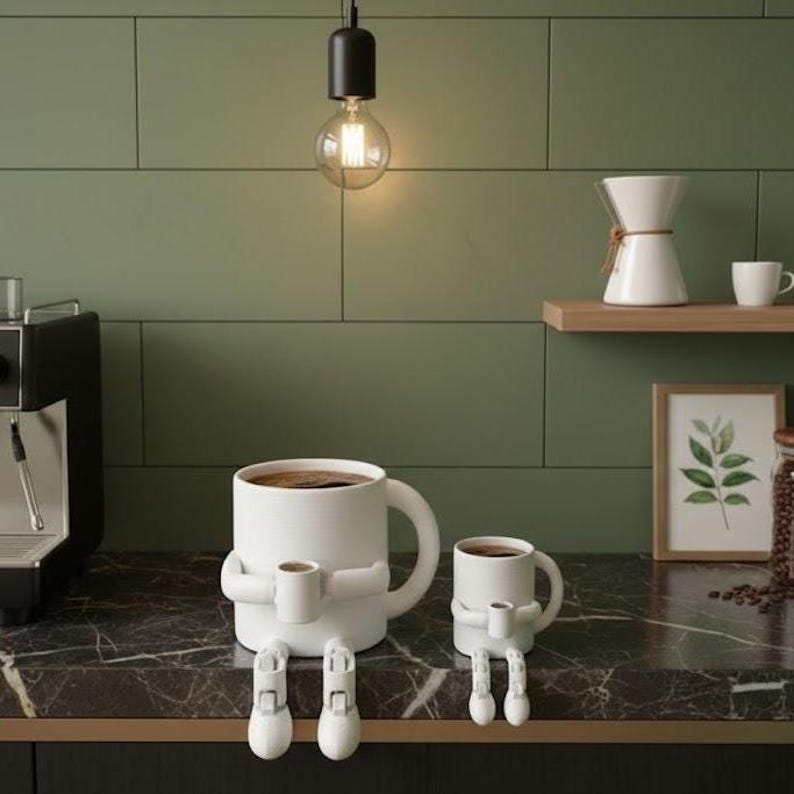 May include: Two white ceramic coffee mugs, one large and one small, each with a smaller mug held in its arms and legs attached. The mugs are filled with coffee and sit on a black and brown countertop. A light bulb hangs above.