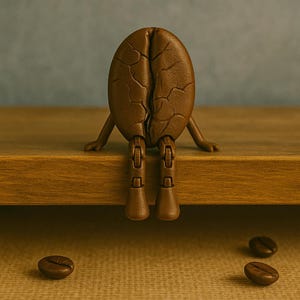 May include: A brown coffee bean figure with articulated legs and arms, sitting on a wooden surface. Three coffee beans are scattered in the foreground. The figure has a split down the middle.