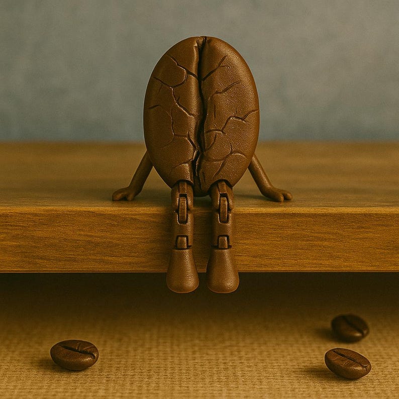May include: A brown coffee bean figure with articulated legs and arms, sitting on a wooden surface. Three coffee beans are scattered in the foreground. The figure has a split down the middle.