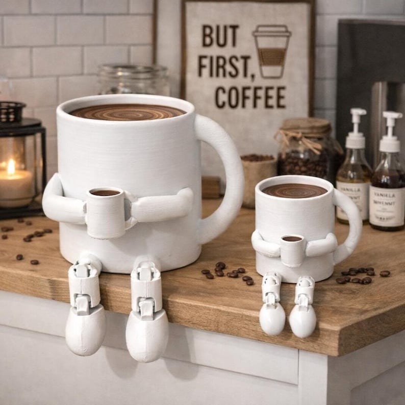 May include: Two white ceramic coffee mugs with arms and legs, each holding a smaller mug. The mugs are filled with coffee. A sign in the background reads "BUT FIRST, COFFEE". Coffee beans are scattered on the wooden surface.