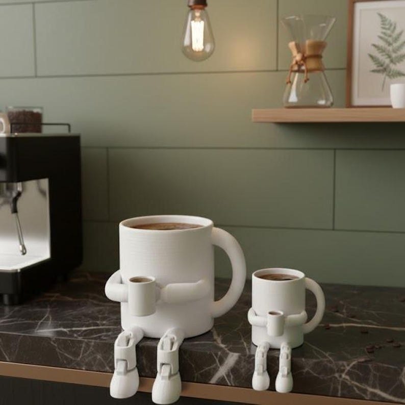 May include: Two white ceramic coffee mugs with arms and legs, each holding a smaller mug. The mugs are filled with coffee and sit on a dark countertop. The mugs have a whimsical, anthropomorphic design.