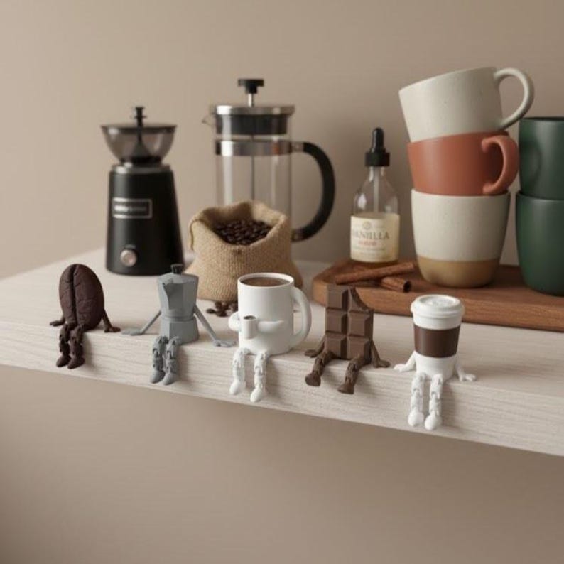 May include: A collection of coffee-themed figurines, including a coffee bean, a moka pot, a mug, a chocolate bar, and a coffee cup, each with legs and arms. Other items include a coffee grinder, a French press, a bag of coffee beans, and stacked mugs.