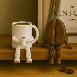 May include: A white ceramic coffee mug with a handle, arms, and legs, holding a smaller mug. Beside it, a brown coffee bean figure with arms and legs. Two coffee beans are on the surface. The theme is coffee.