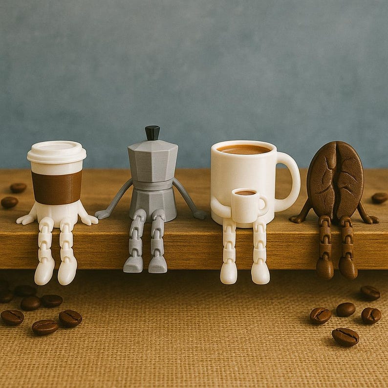 May include: A whimsical collection of coffee-themed figurines, including a to-go cup, a stovetop espresso maker, a coffee mug with a mini mug, and a coffee bean. Each figure has arms and legs, sitting on a wooden surface. Coffee beans are scattered around.