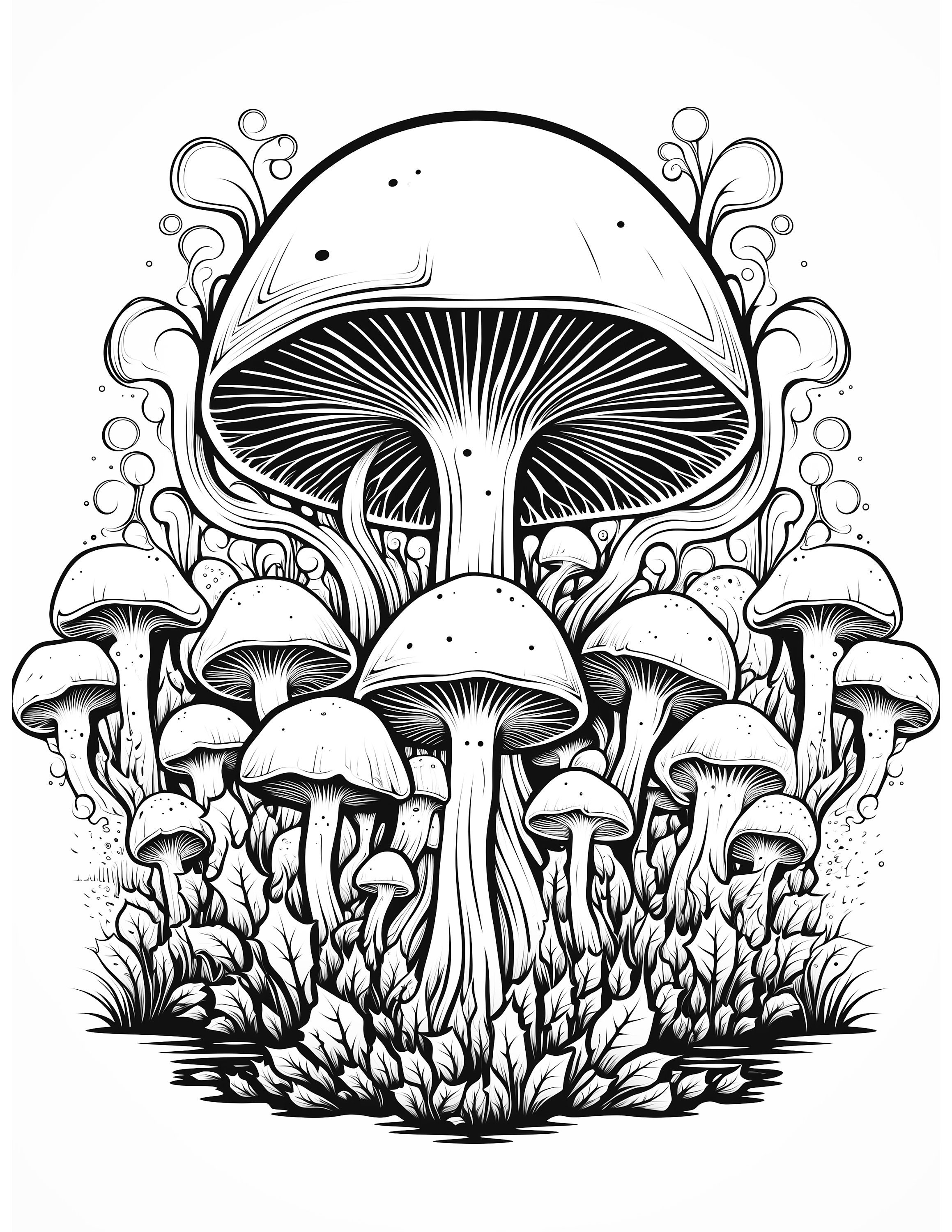 50 Trippy Mushroom Coloring Page Designs, Adult Digital Coloring Book ...