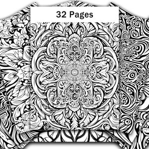 May include: A black and white coloring book with 32 pages of intricate, detailed designs. The designs feature a variety of patterns, including floral, geometric, and abstract.