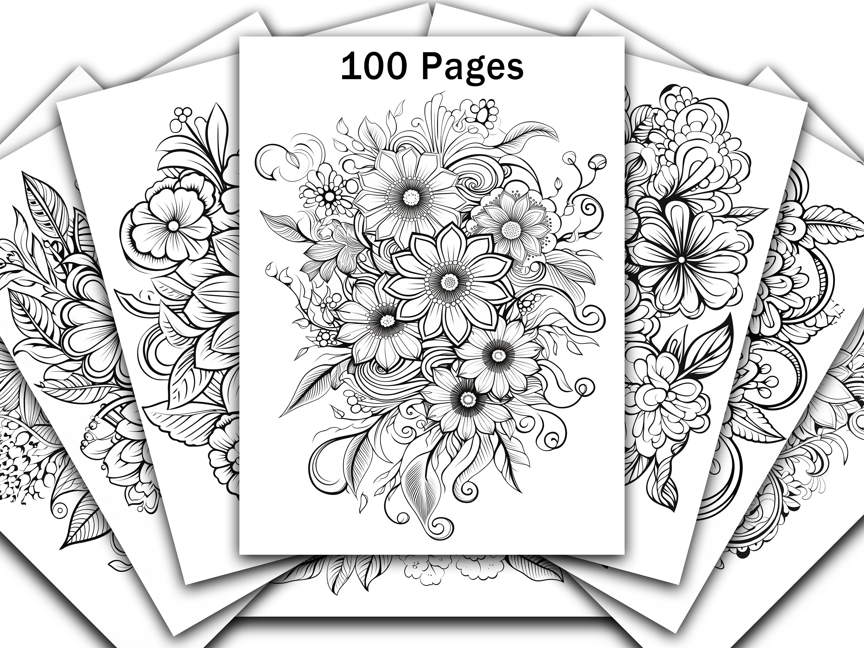 100 páginas de colorear florales intrincadas para adultos – libro de colorear digital imprimible (8.5x11) en PDF