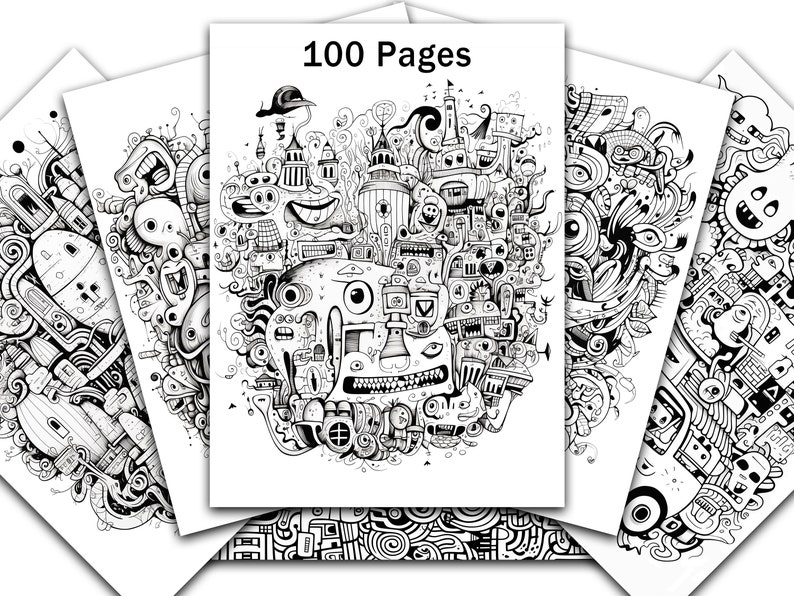 100 Doodle Art Coloring Pages, Artistic Doodle Worlds & Patterns, Adult ...