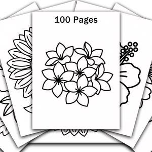 Pode incluir: Um conjunto de páginas brancas de um livro para colorir com desenhos florais. A página central apresenta um grupo de flores, com o texto "100 Pages" no topo. Outras páginas mostram contornos de flores, ideais para colorir.