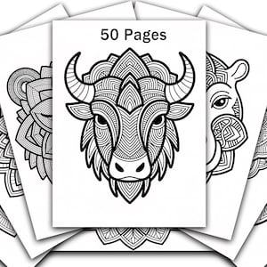 May include: A stack of white coloring pages with intricate black and white animal designs. The central page features a detailed bull illustration, with the text "50 Pages" at the top. Other pages show similar designs.