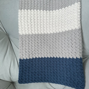 Baby blanket, blue/white/gray stripes, crochet stroller blanket