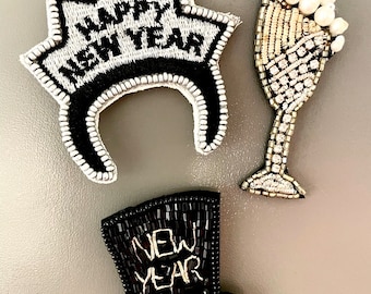 New Years Magnets, Champagne, New Years Hats, Fridge Magnets, Kitshy kitsch, Happy New Year Earrings