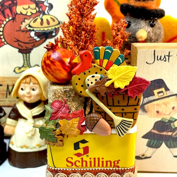 Autumn Assemblage, Thanksgiving Spice Tin, Kitschy Kitsch, Fall Decor, OOAK Spice Tin Assemblage