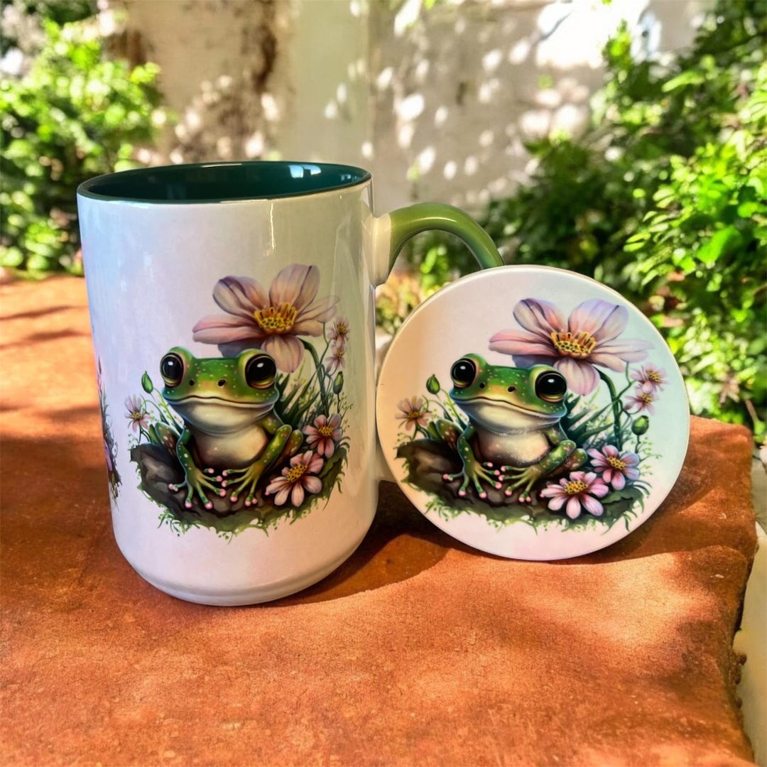 Watercolor Frog Coffee Mug Set, Floral Coaster & Tea Towel - Etsy