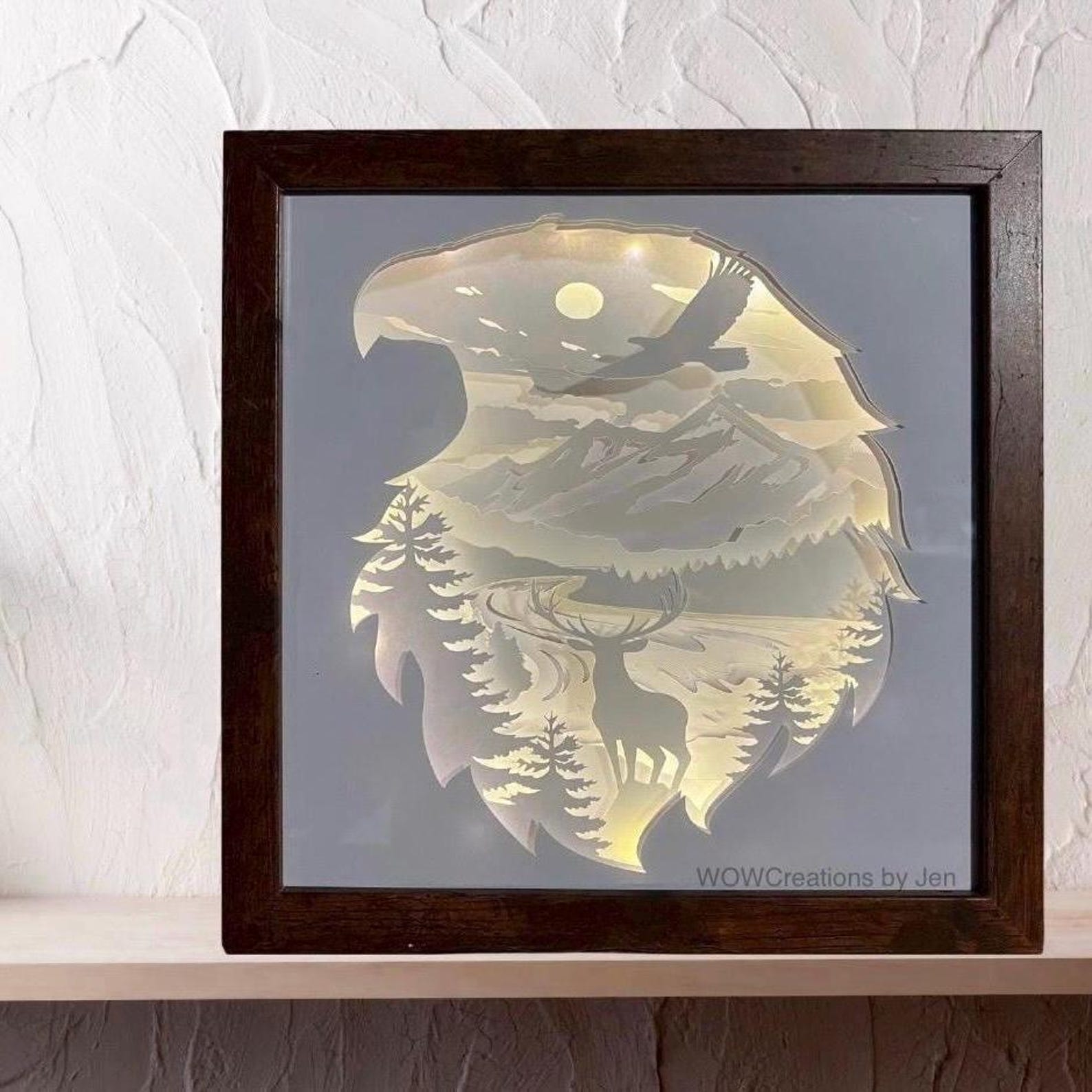 Tree Led Shadow Box Majestic Wilderness: 3D Paper and LED Lighted Shadow Box With Eagle and ...