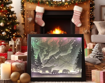 Northern Lights Aurora Boreal Mama Bear and Cubs 3D Light Box