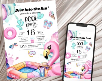 May include: A pink and blue pool party invitation with a flamingo float, a pool ring, and a glass of lemonade. The text reads "Dive into the fun! Join us for a splashing Pool Party" and "Sat 18 May 3 O'Clock in the Afternoon Candyland Jumping Castle RSVP by May 10th, 2024 (501) 502-8555".