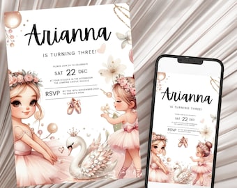Tutu birthday invitation, Ballerina birthday invitation, Cute birthday evite, Instant download, Pink ballerina, Boho invite, Girls birthday.