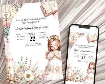Modèle d'invitation de première communion floral rose (numérique)