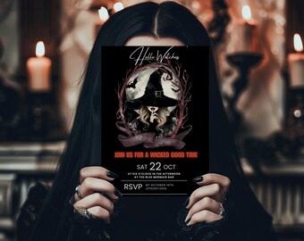 Może przedstawiać: Czarno-czerwone zaproszenie na imprezę Halloweenową z ilustracją czarownicy. Zaproszenie zawiera napis "Hello Witches" i "Join us for a wicked good time". Impreza odbędzie się w sobotę, 22 października o godzinie 18:00 w Blue Mermaid Bar. Prosimy o potwierdzenie uczestnictwa do 16 października pod numerem (570)501-5550.