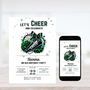 Cheerleaderverjaardagsuitnodiging - afdrukbare Cheer-feestuitnodiging - bewerkbare sjabloon - leuk en kleurrijk ontwerp