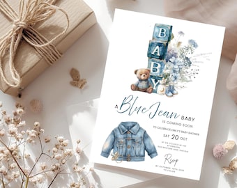 Invitaciones para baby shower de mezclilla: Temática de mezclilla azul (Descarga digital)