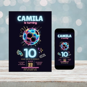 Convites esportivos neon | Convite com tema esportivo | Modelo de convite de futebol para videogame | Convite de aniversário de futebol digital | Futebol para meninas com brilho azul