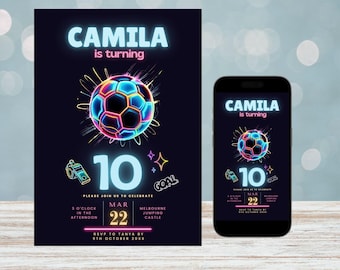 May include: A birthday invitation for a 10-year-old girl named Camila. The invitation features a neon blue soccer ball with pink and yellow highlights. The text "Camila is turning 10" is in a neon pink font. The invitation also includes the date and time of the party, as well as the location: Melbourne Jumping Castle. RSVP to Tanya by 8th October 20XX.